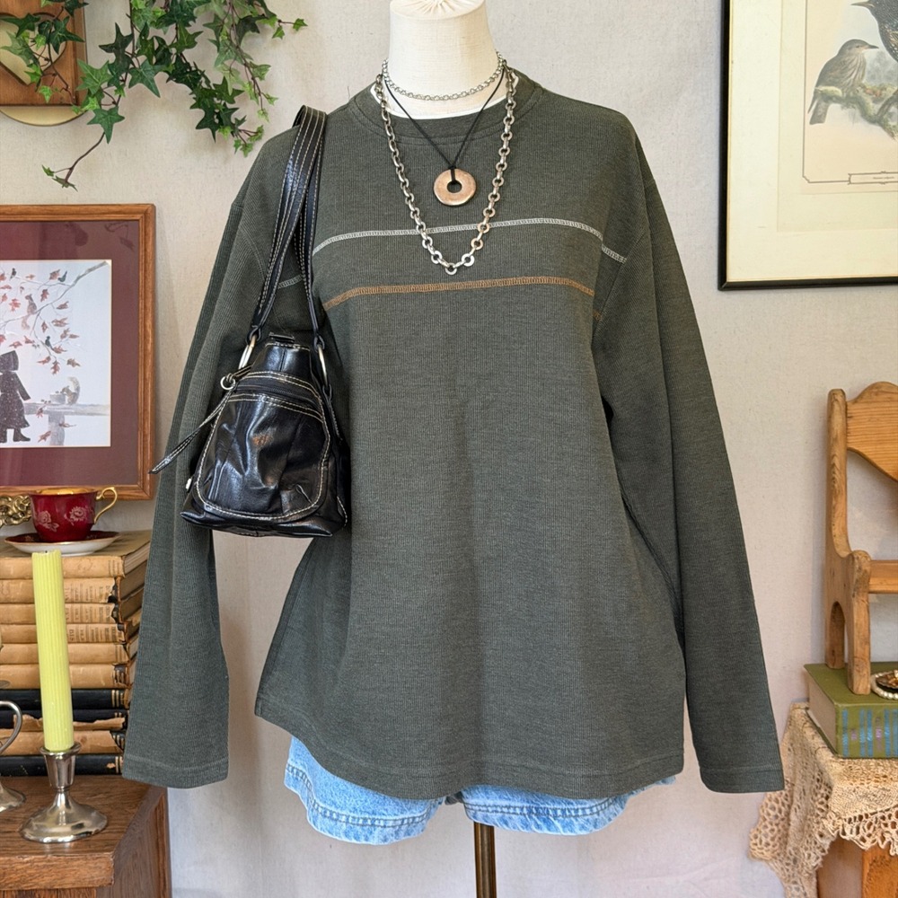 Green Ribbed Knit Striped Pullover Shirt Gorpcore Vintage Large Oversized